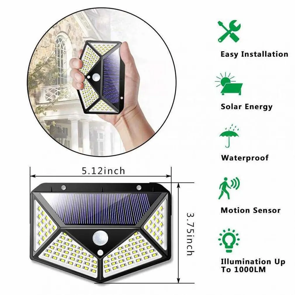 

High Quality Powerful Four Sides 100 LED Solar Light Outdoor For Garden LED Solar Lamp Waterproof Motion Sensor Street Light