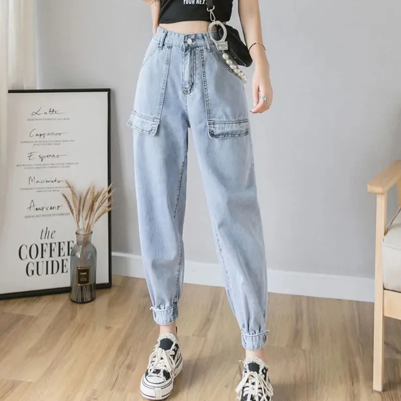 Big Pocket Ankle Banded Denim Cargo Pants women fashion streetwear soft loose overalls Casual sexy low waist denim trousers