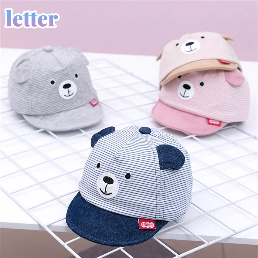 

2019 Brand New 4 Colors Newborn Kids Baby Boy Girl Caps Baseball Caps Unisex Bear Striped Hats Cute Bear Little Ears Cap Gifts