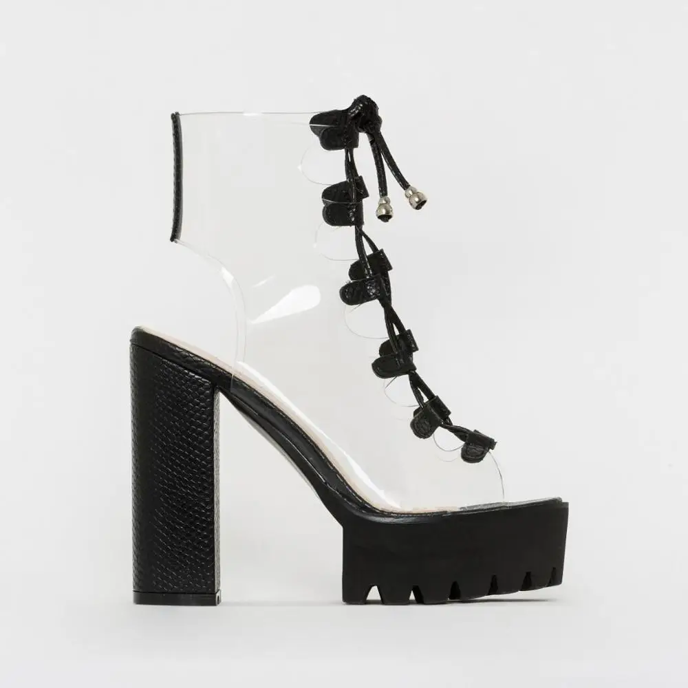 

2021 New PVC Jelly Sandals Open Toe Lace-up Gladiator High Heels Summer Shoes Platform Heel Transparent Sandals Big Size 42