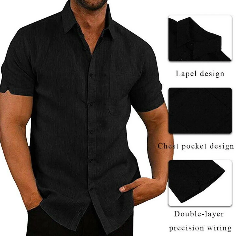 Casual Men Solid Color Turn Down Collar Short Sleeve Pocket Buttons Slim Shirt skin-friendly and soft perfect gift for Christmas | Мужская