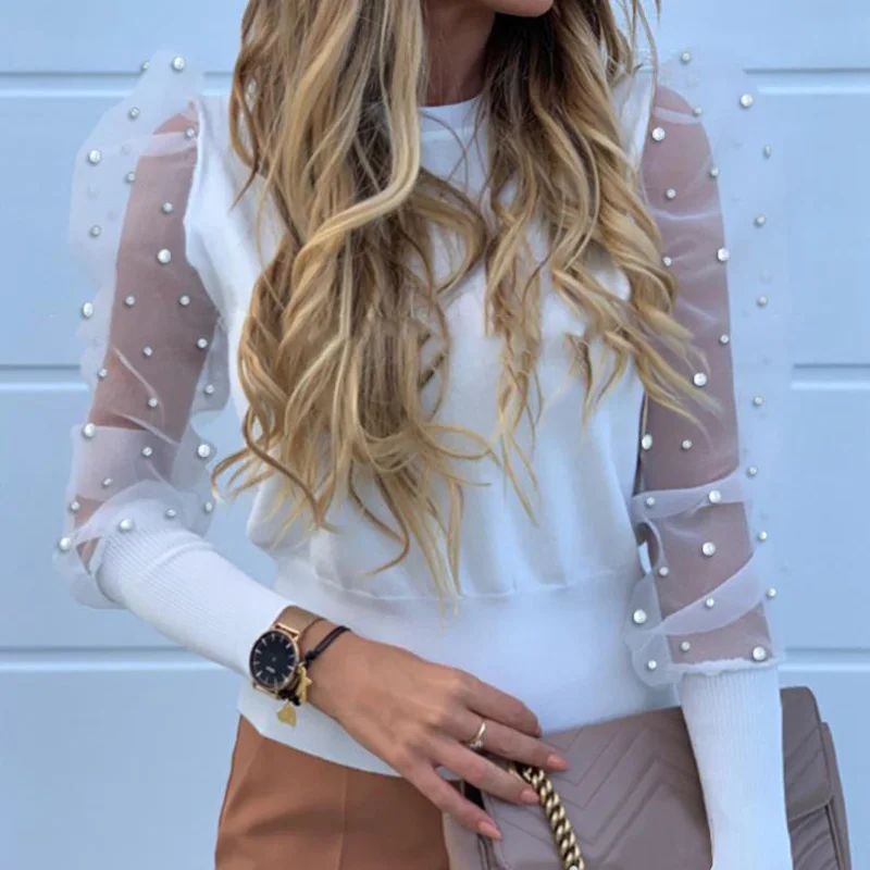 Mesh Women's Blouses Lace Puff Sleeve Fashion Elegant Shirt 2020 Summer Spring Female Solid Pearl Beaded Tops Ladies Blouse