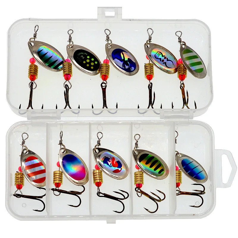 

10pcs/lot Spinner Bait Spoon Lures Metal Fishing Lure Set Spoonbait Hard Baits Wobbler with free Box Treble Hooks Fish Tackle