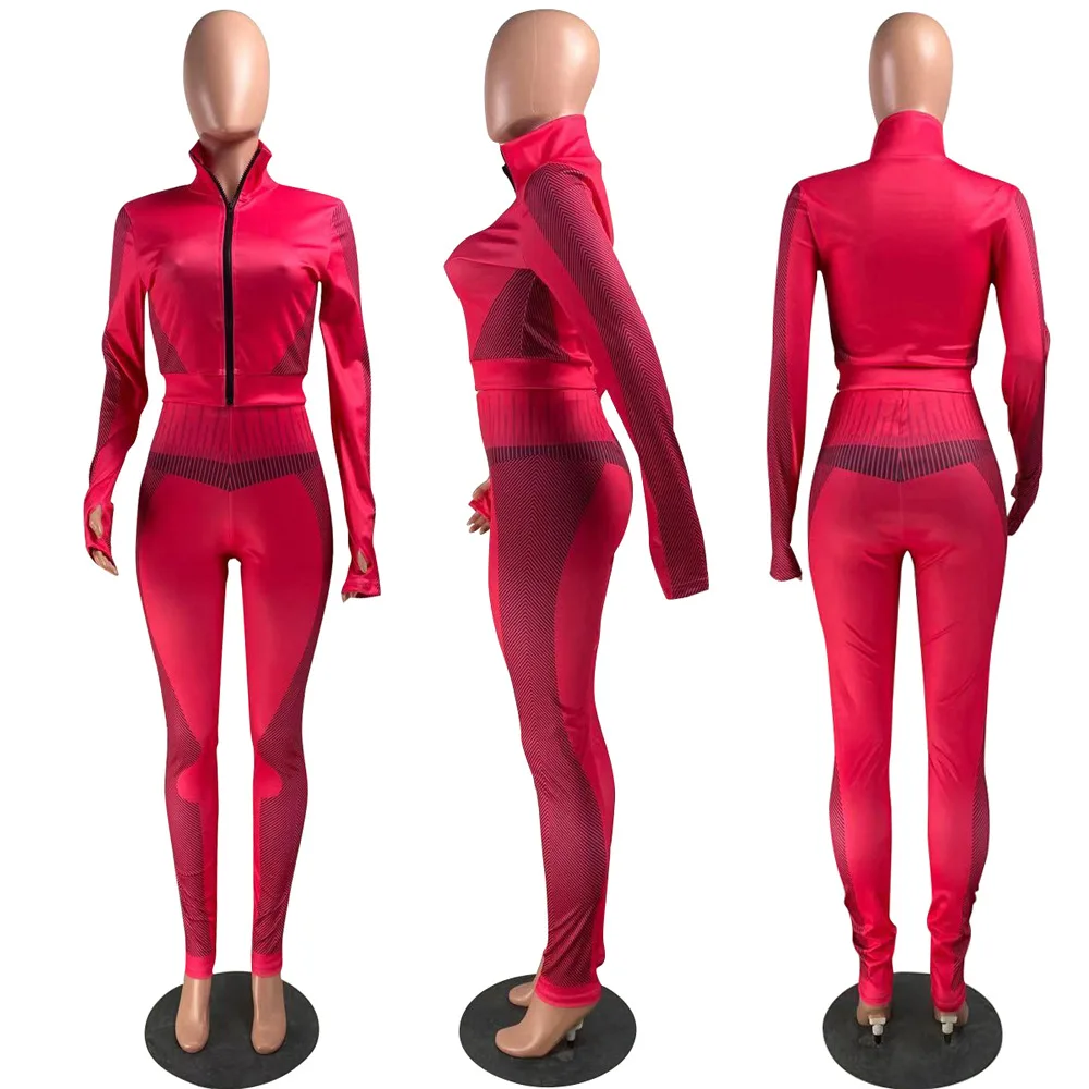 

Sexy Color Blocking Patchwork Long Sleeve Bandage Crop Top and High Waist Skinny Sweatpant Women's Clothing Casual 2 Piece Sets