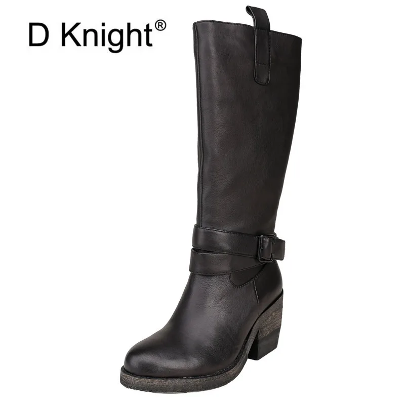 

Fashion Personality Cool Knight Western Boots Original 2021 Winter New Cow Leather Square High Heels Mid-calf Boots Women Shoes