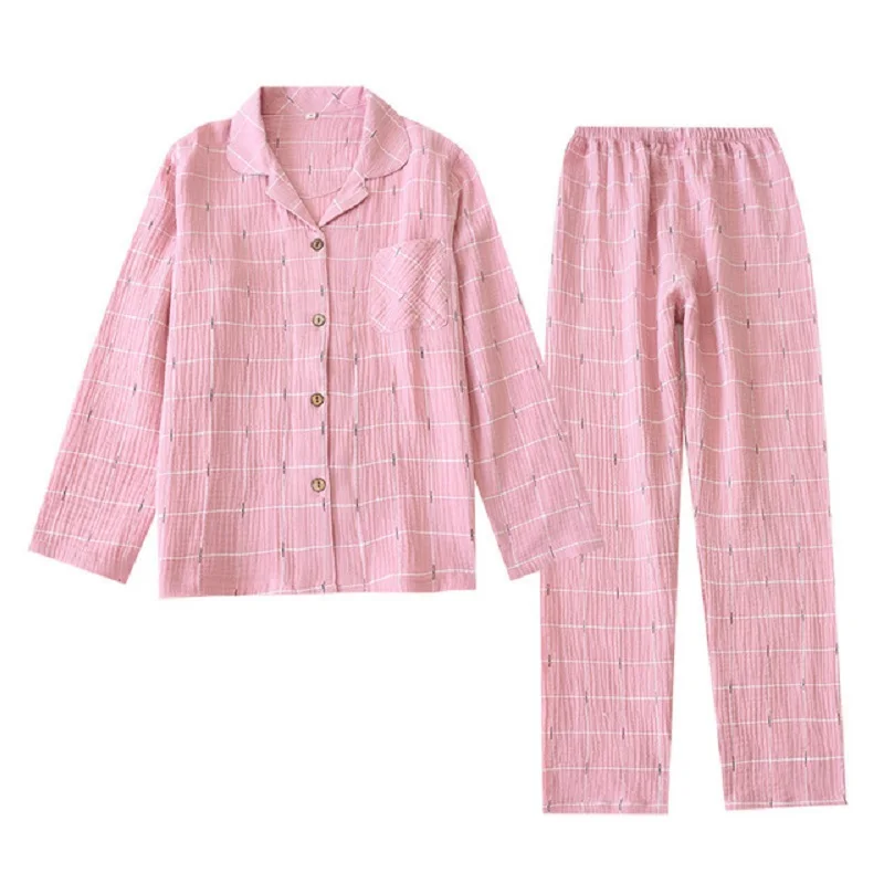 

2021Spring And Autumn New Ladies Turn-Down Collar Striped Pajamas Set Women Loose Thin Gauze Cotton 2Pcs Sleepwear Soft Homewear