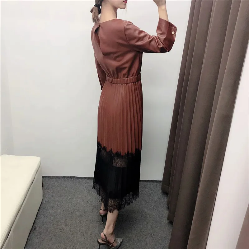 

PSEEWE Za Brown Faux Leather Pleated Long Dress Women Cut Out Patchwork Lace Long Sleeve Midi Dress 2021 Vintage Elegant Dresses