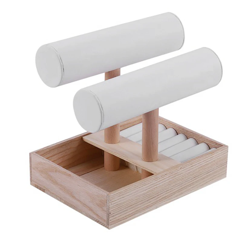2 Layer T-Bar Bracelet Watch Jewelry Stand Display, Jewelry Tray Rack Stand Organizer with Wood Tray