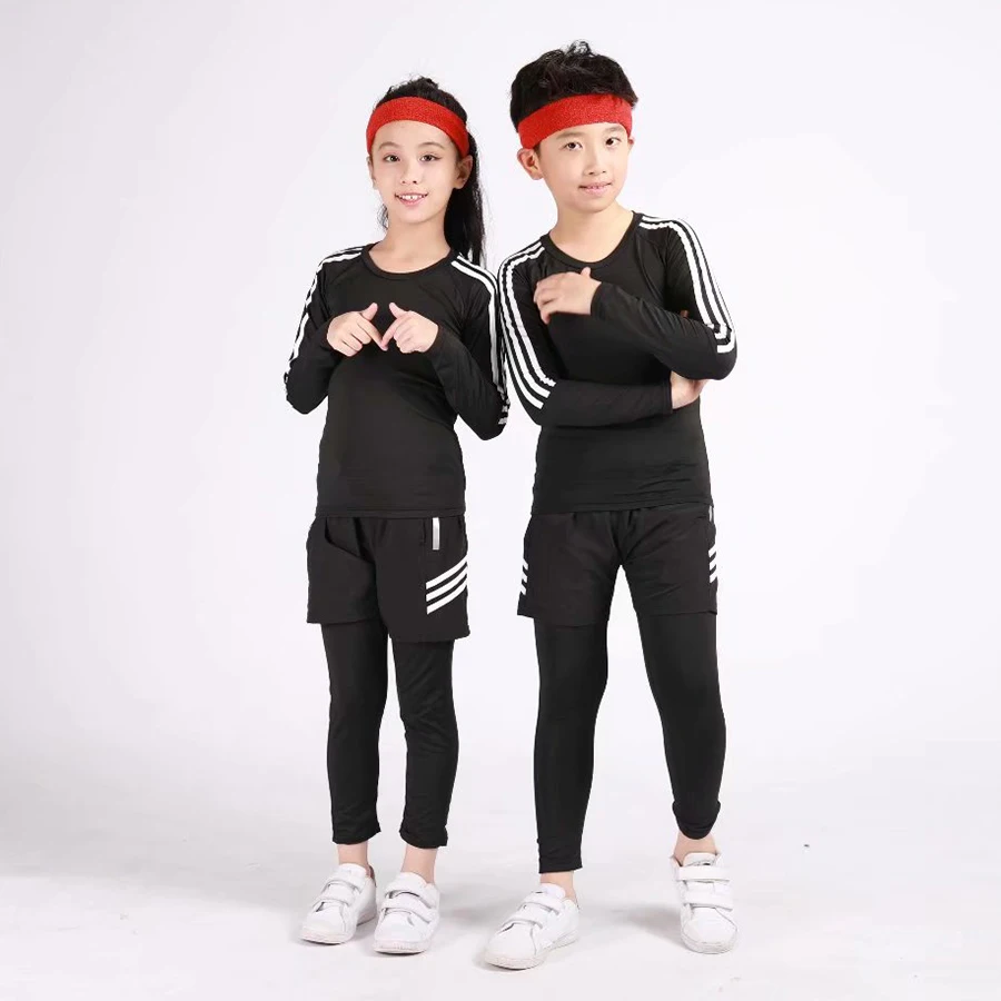 Новые компрессионные комплекты для бега детей костюмы с длинным рукавом штаны