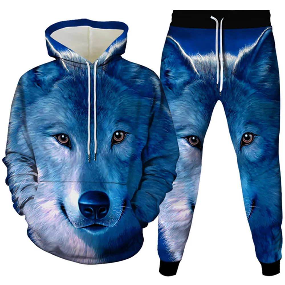 

2 Pieces Sets Tracksuit Harajuku Galaxy Animal Wolf Print Men Hooded Sweatshirt+Pants Hoodie Sportwear Suit Women Casual Cloth