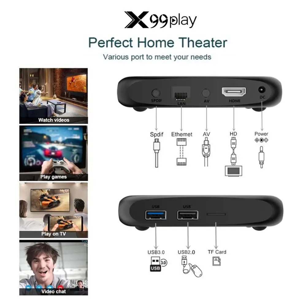 

X99 Android 9.0 TV Box Double Wifi Set Top Box Player RAM 4GB ROM 32GB RK3318 Quad Core 4K 3D WiFi Media Player 100X100X20mm