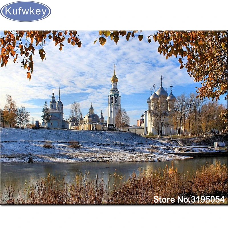 5D Diy алмазная живопись Русский пейзаж церковь река вышивка крестиком квадратные Стразы Алмазная вышивка мозаика