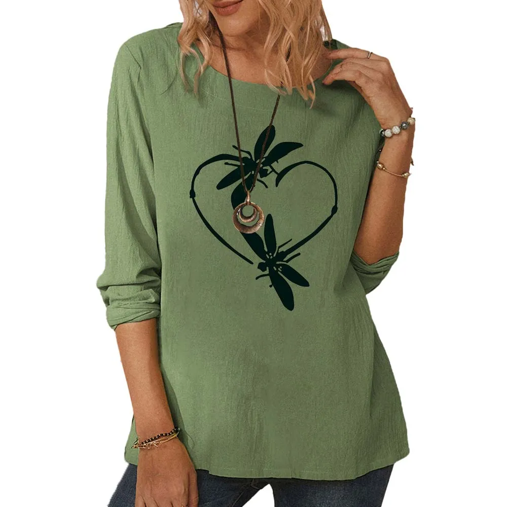 

#w Dragonfly-Heart Print Autumn Women Tee Shirts Round Neck Creative Top Clothes Long Sleeve Casual Loose Ladies T-shirts