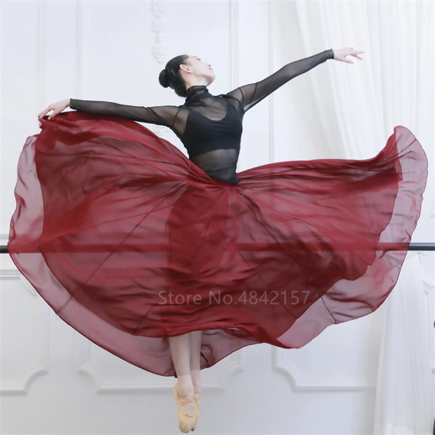 

Elegant Woman Flamenco Dancing Skirts Solid Chiffon Stage Performance Perspective Spanish Gypsy Flamengo Belly Ballroom Skirts