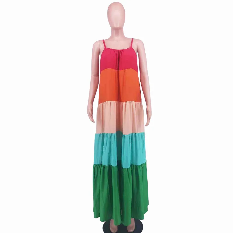

Coffeehot Women Long Dress Patchwork Sleeveless Strap Slash Neck Loose Maxi Dresses Casual Fashion maxi dress