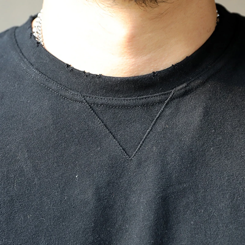 

Loose black men's short sleeve T-shirt collar cut design wash round neck half sleeve T-shirt t5066