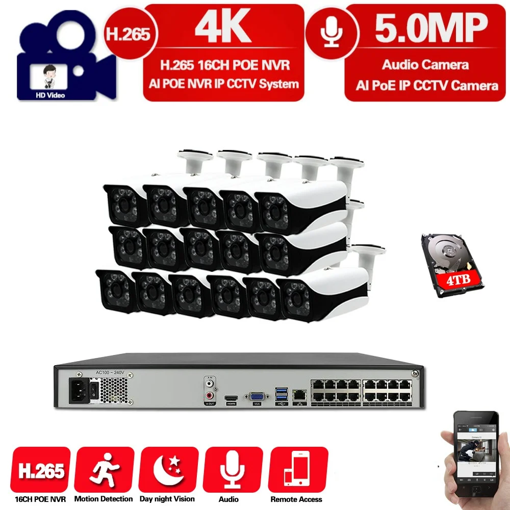 

H.265 16CH 5MP 4K HD POE NVR Kit CCTV Системы ИК Открытый аудио запись AI IP Камера P2P для охранного видеонаблюдения набор 2 ТБ HDD