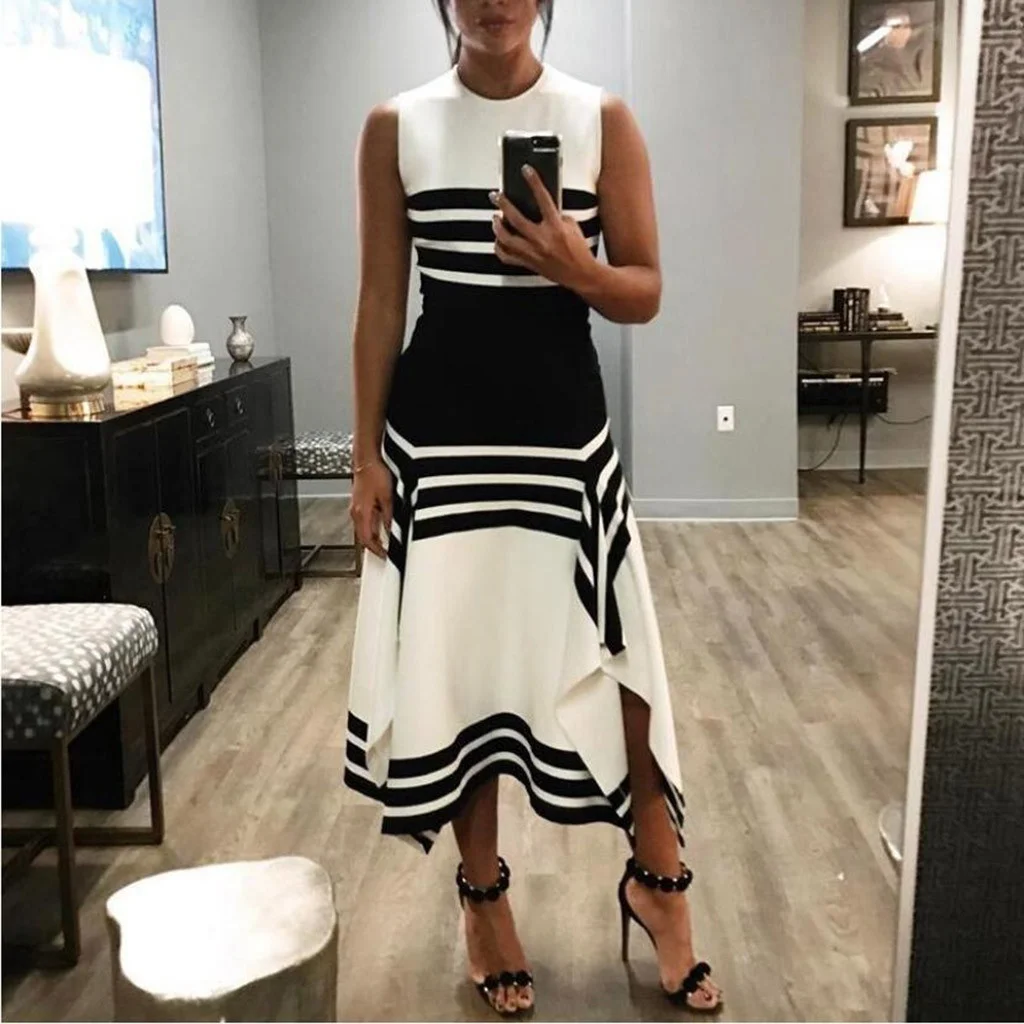 Elegant Striped Print Women Dress Side Split O-Neck Sleeveless Fitted Waist Casual Tank Summer Office Lady Plus Size | Женская одежда