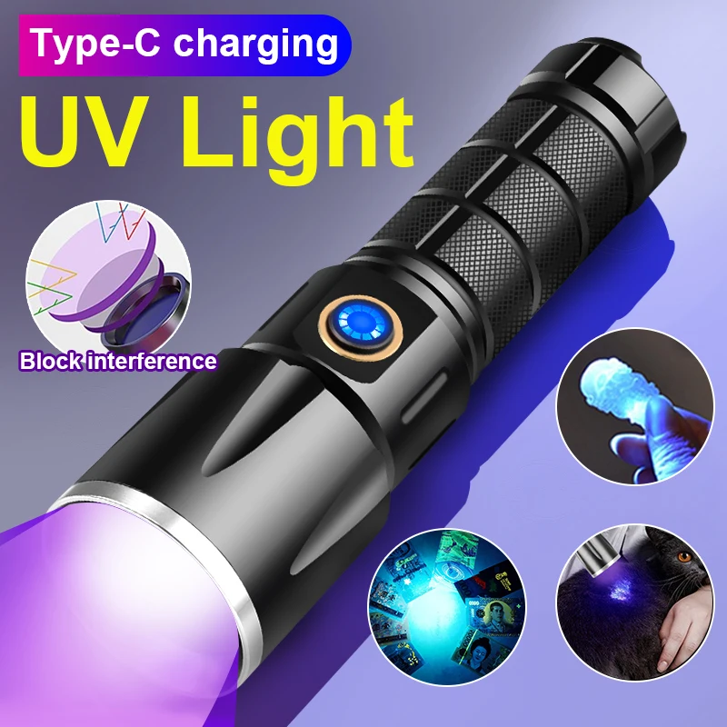 

2021 новейшая перезаряжаемая УФ-вспышка 26650 нм, фонарик IPX6, водонепроницаемая ультрафиолетовая вспышка, USB ультрафиолетовый свет, используетс...
