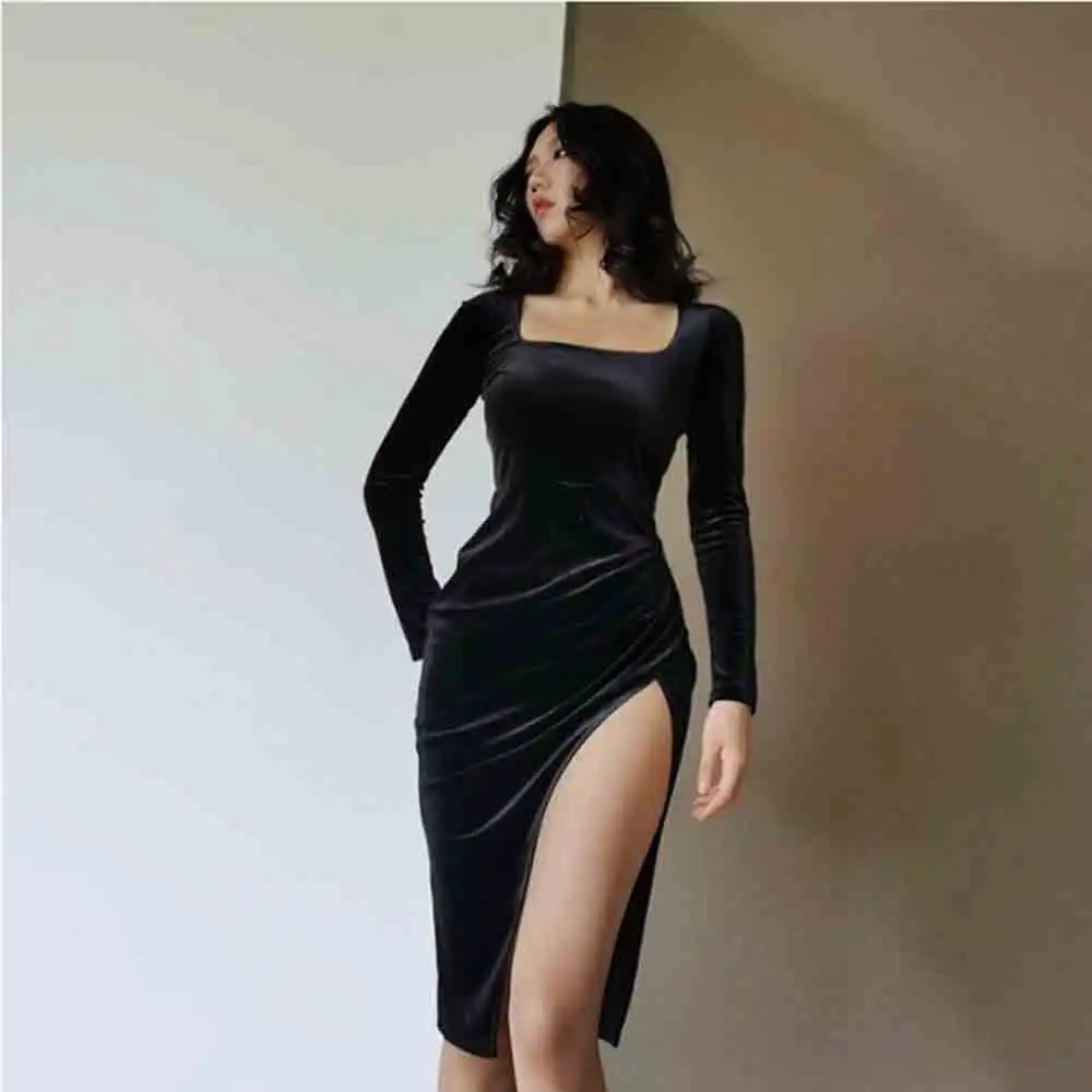 

Velvet Women Long Sleeve Dress Sexy Slim Bodycon Split Hem Party Elegant Ruched Dress Casual vintage Dress robe pinup