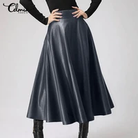 women pu leather skirts autumn long skirt celmia 2021 solid color office lady midi skirts elegant high waist party skirt bottoms