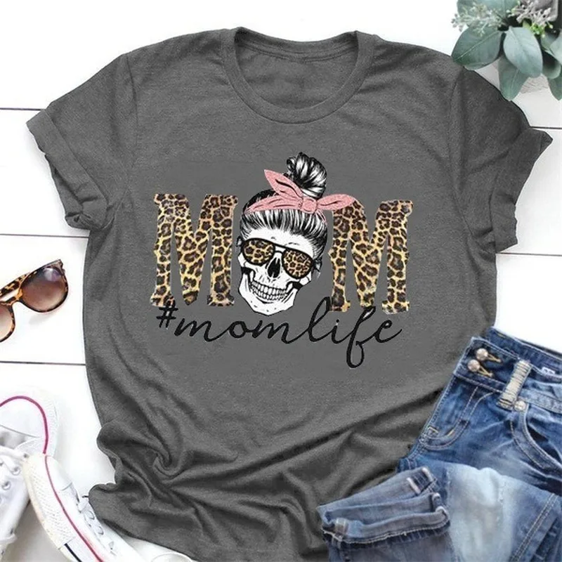 

Leopard Skull Head Mom Life Print Women T Shirt Short Sleeve O Neck Loose Women Tshirt Ladies Fashion Tee Shirt Tops Clothes