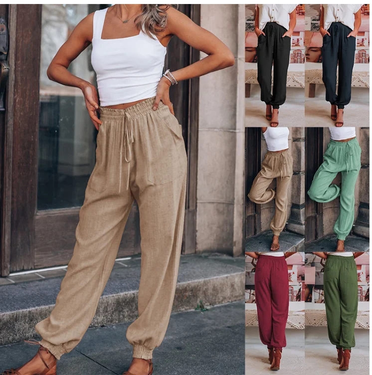 Women's Pants, Casual Solid Color Drawstring Waistband Loose Trousers With Pockets For Party Travel 2022 New Fashion