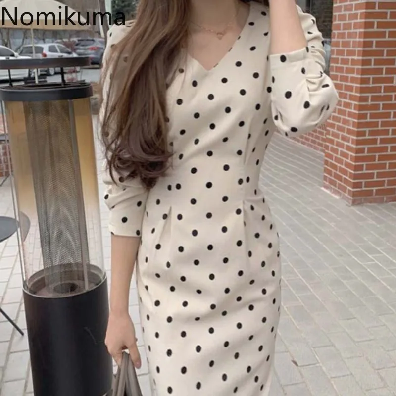 

Nomikuma V Neck Elegant Polka Dot Dress Women Slim Waist Lace Up Long Sleeve Dresses French Style Korean Fashion Vestidos Mujer