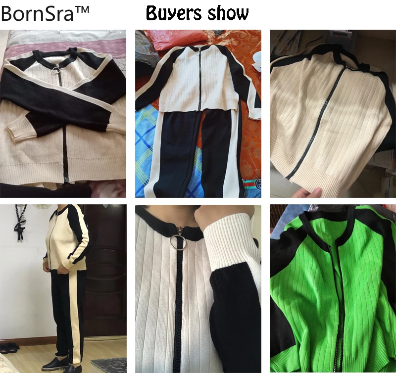 

Bornsra autumn winter knitted 2 piece set women casual zipper cardigans knitted top pants outfits striped patchwork tracksuit