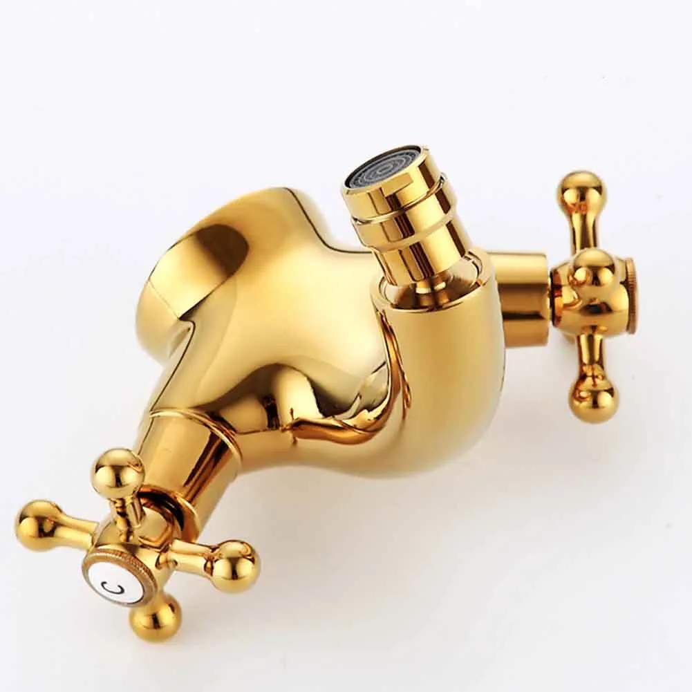 

Bidet Faucets Durable Anti Rust Dual Handle Single Hole Bathroom Hotel Easy Install European Style Hot Cold Tap Home Gold Brass