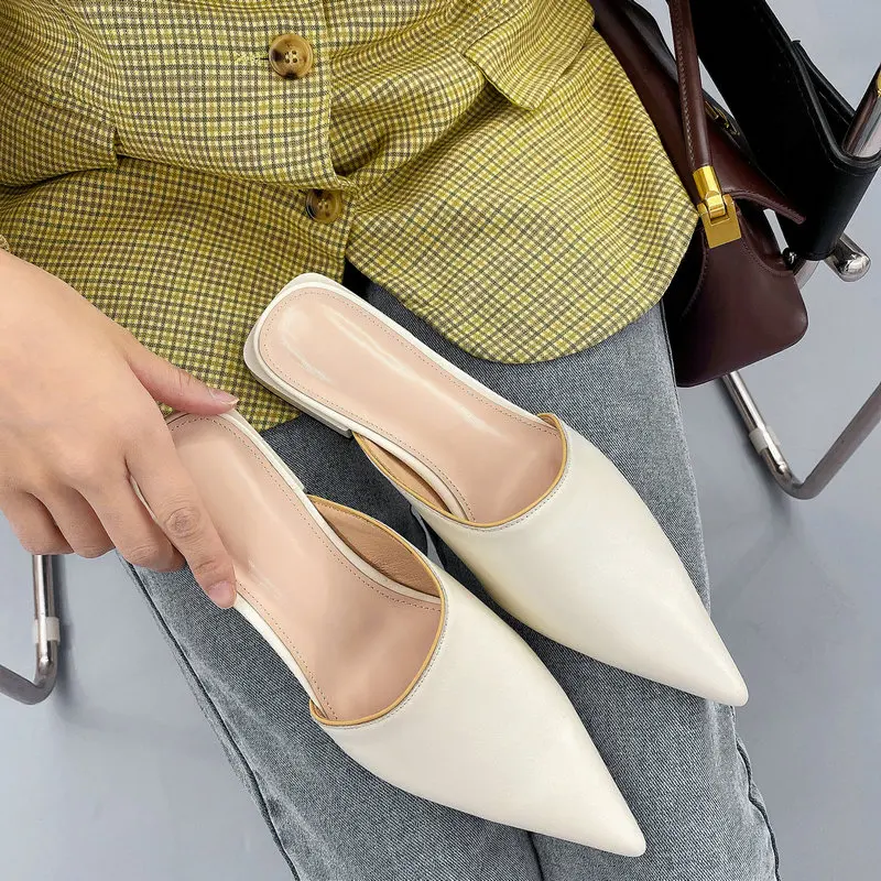 

Women Mules Genuine Leather Thick low Heels Pumps For Women poined Toe slippers Female Casual Party Women Shoes