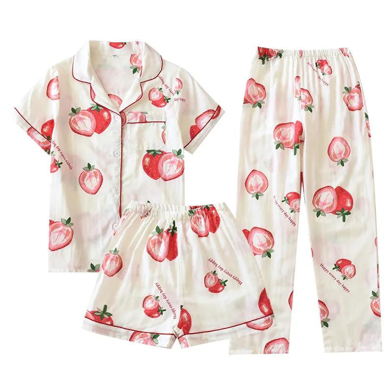 

3Pcs Women's Pajamas Lovely Fruit Print Summer Thin Cotton Homewear Set Short-sleeved Top + Trousers + Shorts Female Sleepwear