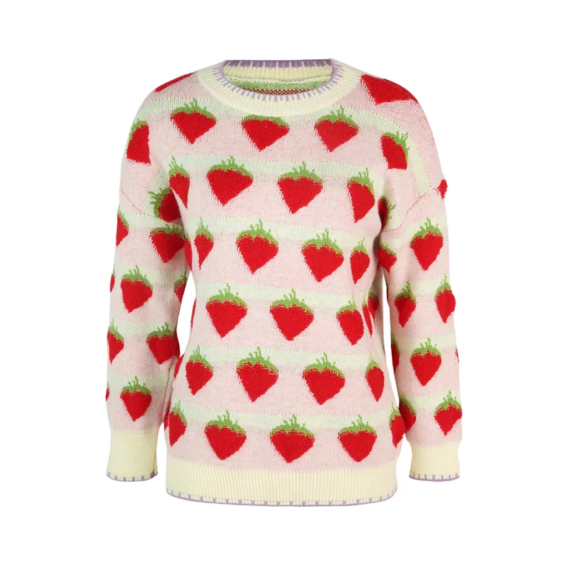 

Autumn/ Winter Ladies Long Sleeve Sweater Women Strawberry Embroidery O-Neck Loose Knitted Tops Female Casual Knitwear