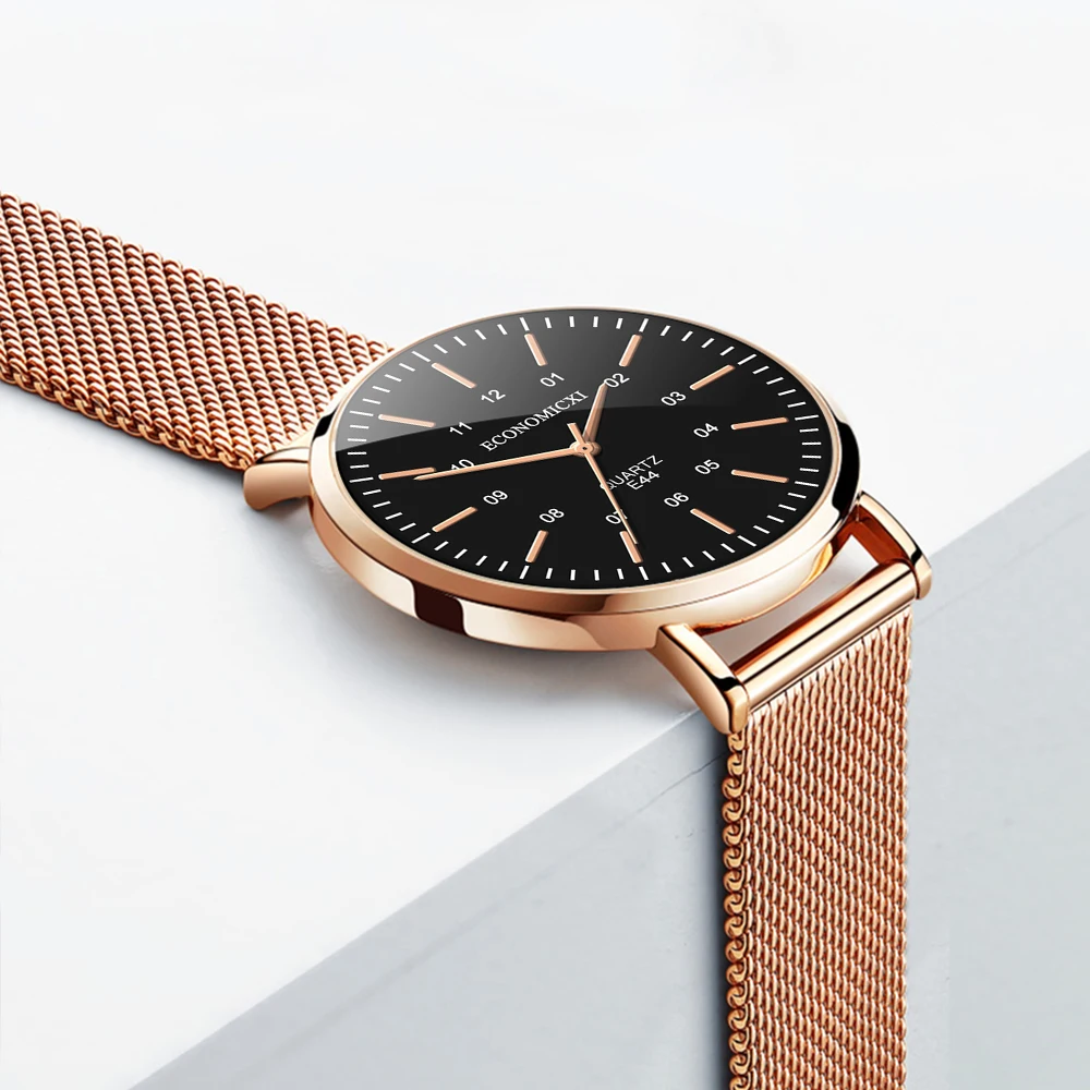 Модные повседневные женские часы с розовым тонким сетчатым ремешком