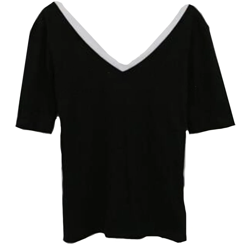 

Short Sleeve Women's Large Size Fat Girl Summer Taro Purple BM V-neck Patchwork Backless Cotton Slim T-shirt Female