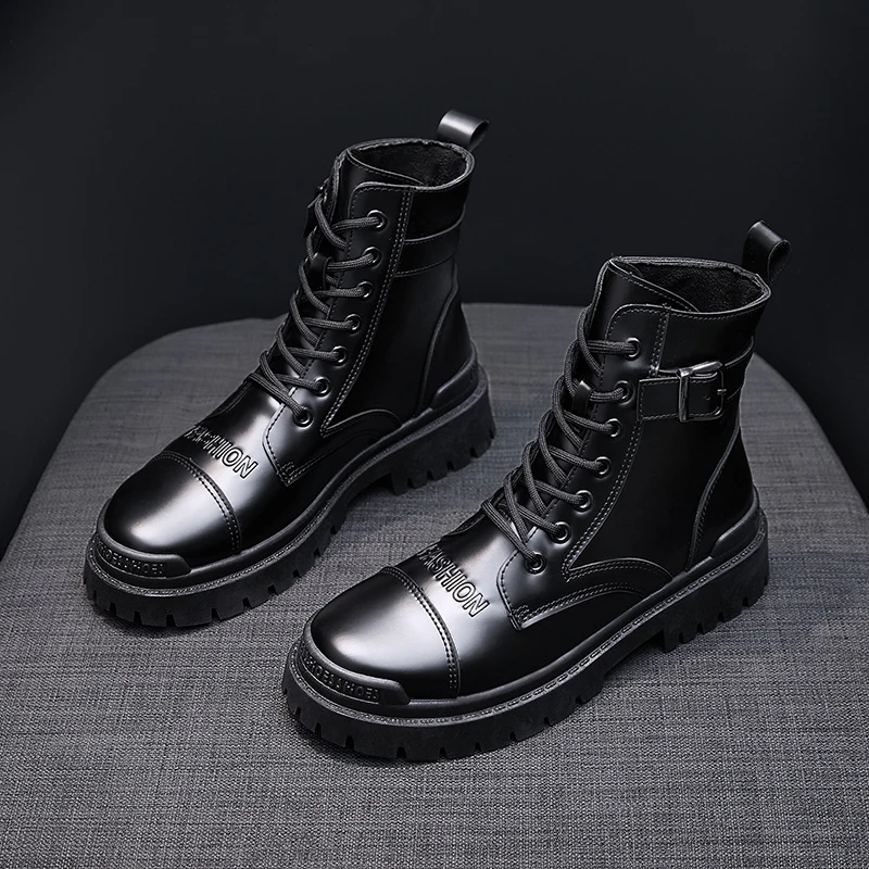 

Women Soft Leather Black Ankle Boots Female Autumn Winter Motorcycle Boot Punk British Style Warm Platform Shoes Martin Boots