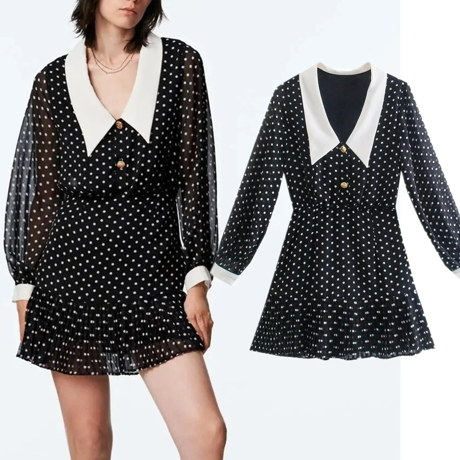 

Elmsk Dress Women England HIgh Street Fashion Turndown Collar Polka Dot Printing V-neck Vestidos Party Dress Mini Dresses Top