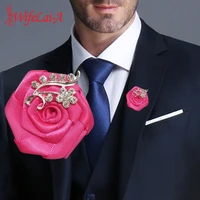 5piecelot rose red satin flowers corsage wedding prom ceremony flower brooch crystal wedding groom bttonhole boutonniere xh0038