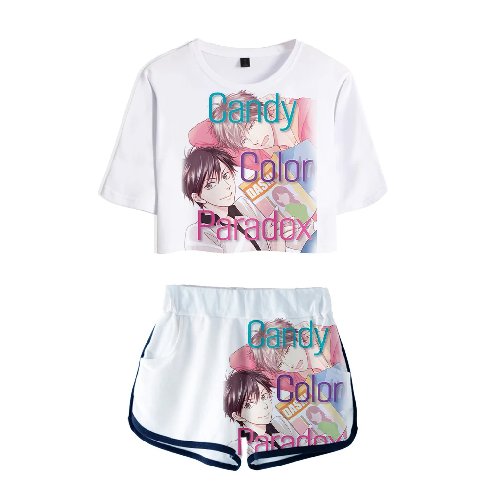 

Candy Color Paradox Tracksuit Two Piece Set Summer Short Sleeve Female Crop Top+Shorts Girls Sexy Casual Streetwear Women's Sets