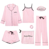 pajamas pink womens 7 piece long sleeved faux silk striped pajamas womens pajamas set four seasons home wear pajamas sleepwear