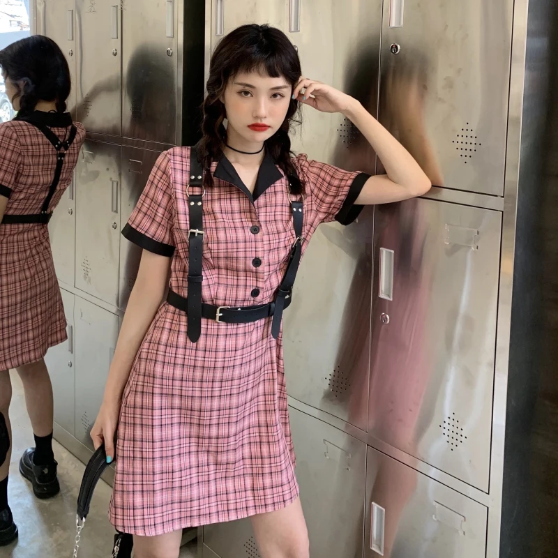 Женские платья в японском стиле Harajuku винтажное темно розовое платье клетку с
