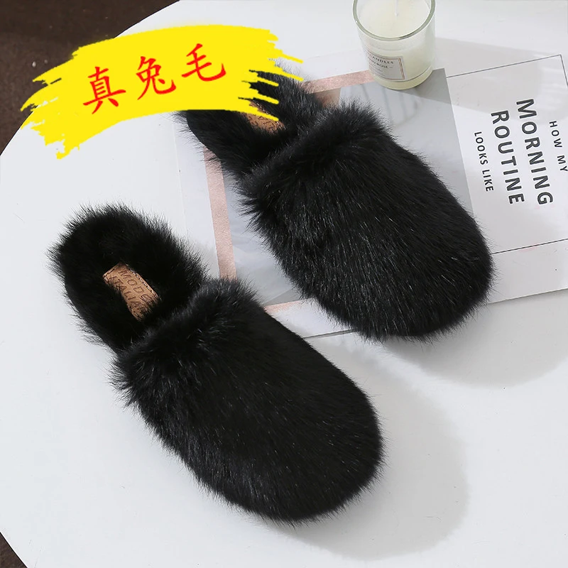 

Autumn and winter women wear pregnant non-slip half drag versatile soft bottom flat bottom real rabbit hair mueller shoes