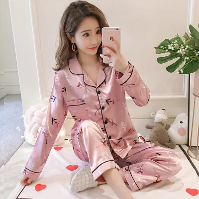 pyjamas women Большой размер 5XL женский атласный Шелковый пижамный комплект с длинным рукавом Цветочный комплект из двух предметов сексуальная пижама Пижамный костюм Женская одежда для сна - Цвет: pyjamas women