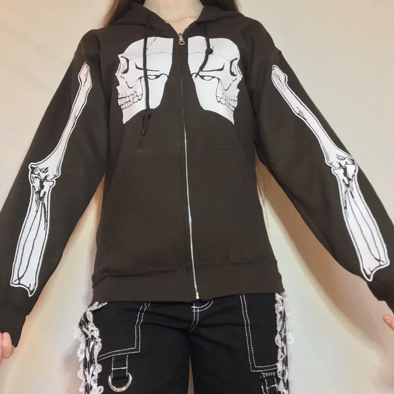 

Vintage Gothic Skull Bones Printed Sweatshirt Zipper Up Long Sleeve Hoodies Women Spring Autumn Coat Top Y2K Aesthetic Clothes