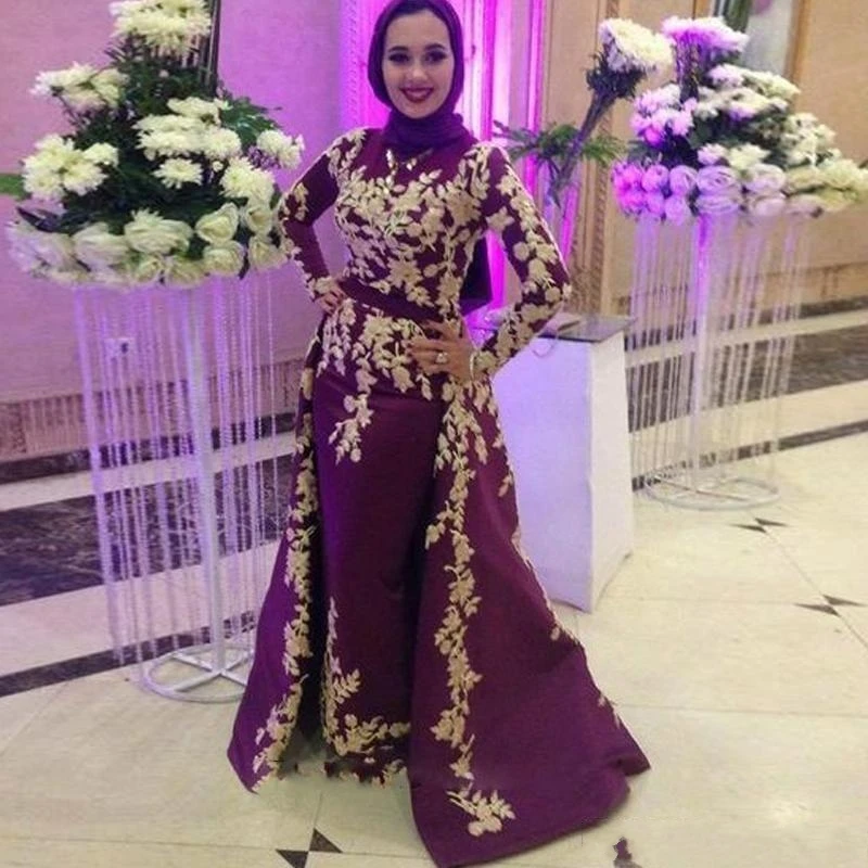 

2020 Purple Muslim Satin Mermaid Evening Dresses Appliques Prom Party Gowns Detachable Train Arabic Vestidos De Festa De Noche