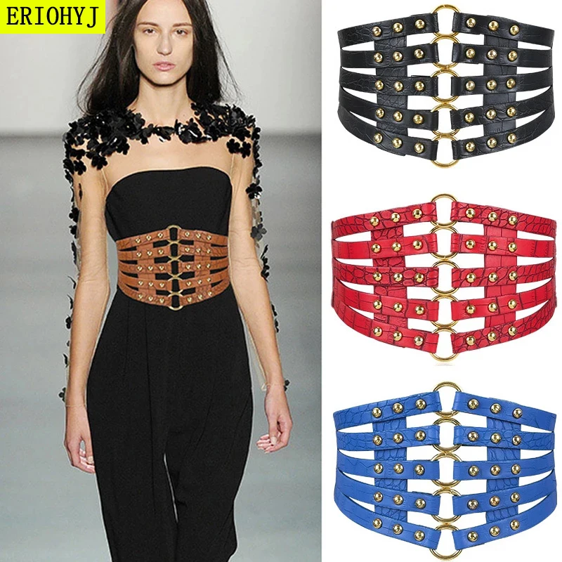 

2021 brand design vintage metal Ring Belt Gold Ladies Women Belts Female Fashion Rivet Wide Waist Elastic 5 Straps PU Belt