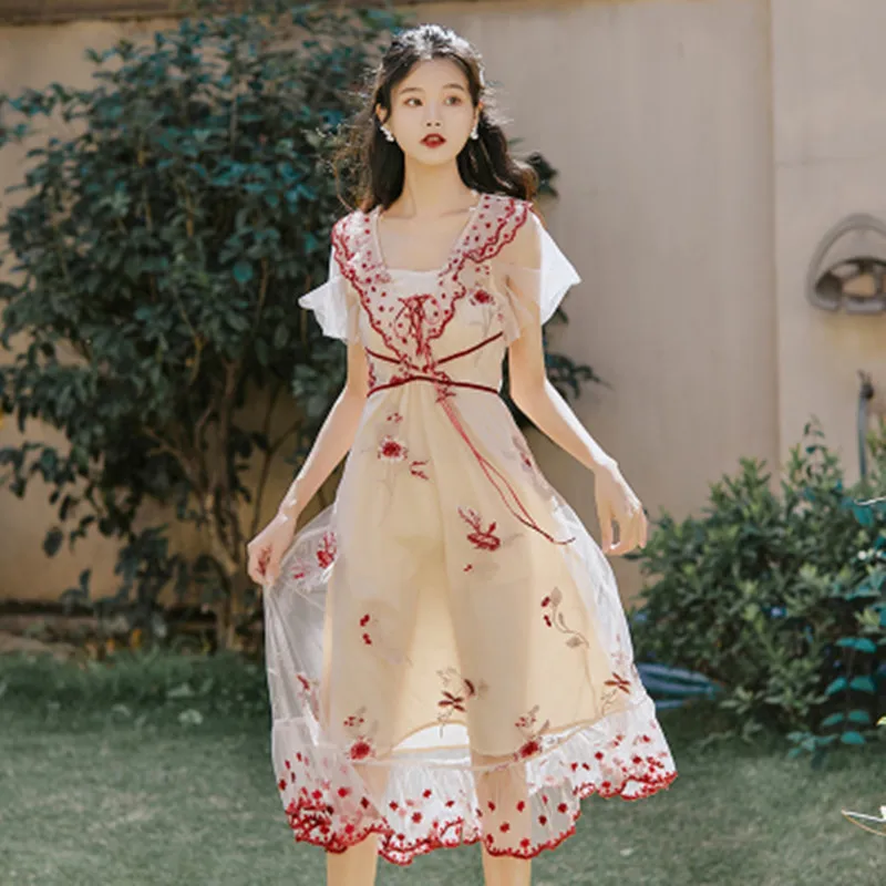 

High-end Vintage Embroidery Mesh Dress Summer Runway Short Sleeve Elegant Dress Women Bandage V-neck Party Dresses Vestidos