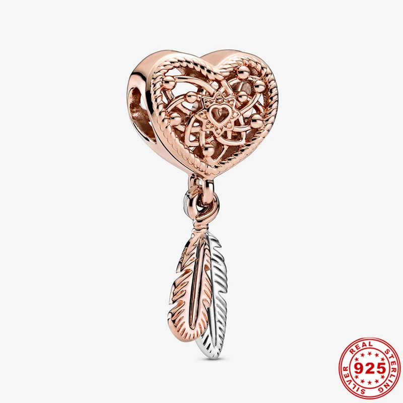 S925 Серебряный цвет полое сердце из двух частей Падающее перо Ловец снов Шарм бусы