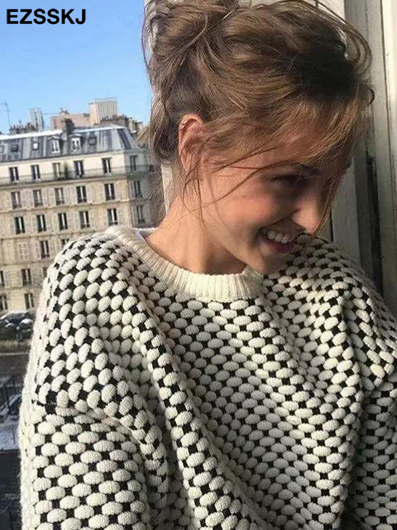

FAKUNTN oversize blue dot Sweater Pullovers Women winter autumn thick O-neck chic 2021 sweater long sleeve sweater top