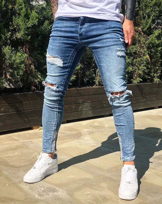 Stretch Ripped Cropped Pants Men 2020 Brand New Mens Destroyed Skinny Denim Trousers Foot Zipper Hip Hop Pencil Jeans for | Мужская